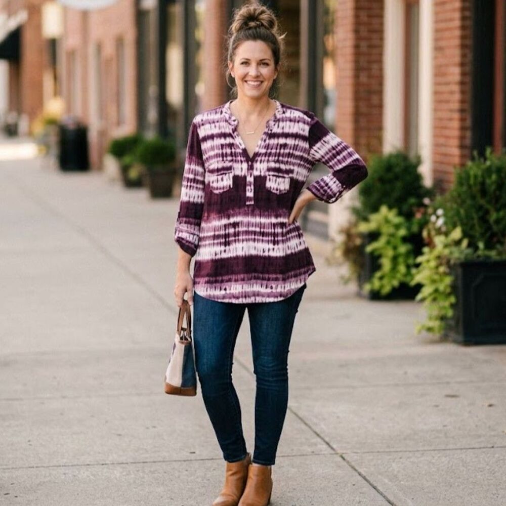 Ava & Grace Purple Tie Dye V Neck Roll Tab Sleeve Silky Stretch Tunic Size 2X